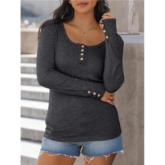 Women's Long Sleeve Casual Fall Top - Button Down Blouse - Picture 4 of 8